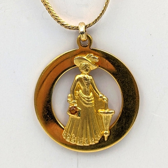 Avon Mrs. Albee Pendant 10K Gold Filled On 14K GF Flat Curb Chain 15" Vintage - Picture 1 of 13